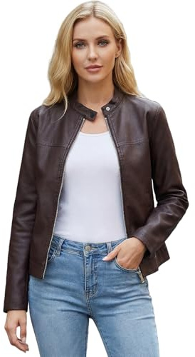 chiguomaoyi Chaqueta Cuero Mujer Moto Biker Chaqueta Corta para el Otoño, Primavera (Café,L)