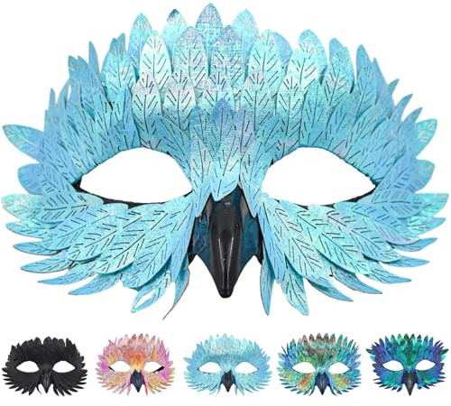 CWENDANER Elegante Vogelmaske mit Federn 5 Farben Halbgesichtsmaske für Karneval, Maskenbälle & Fasching (Bunt, für Mottopartys & Fasching)