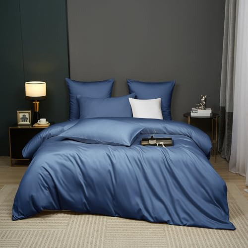 Luowei Mako Satin Bettwäsche 155x220 cm Baumwolle, 3‑teilig, Blau | 100% Baumwolle Seidig Weich Bettwäsche Set, Oeko-TEX Atmungsaktiv und Kühlend mit Reißverschluss und 2 Kissenbezüge 80x80