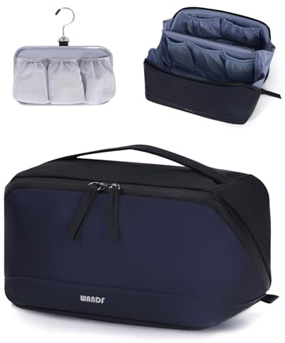 WANDF Kulturtasche für Herren, Reise-Kulturbeutel aus PU-Leder Organizer mit Abnehmbarer Wasserdichter Hängetasche, Offenes Flaches Kosmetiktasche mit Nassfach für Reiseaccessoires (Marineblau)