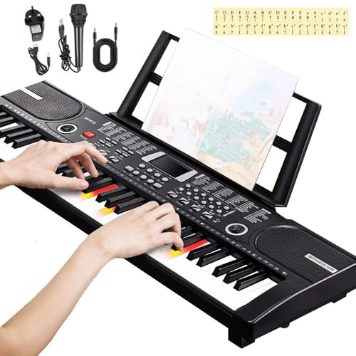 Ccarzzi Keyboard Piano 61 Keys Electronic Keyboard Piano Portable Digital Piano with Lighted Keys, Music Sheet Stand, Microphone, Piano Note Stickers, 60 Demo Songs and 100 Instrument Voices for Kids