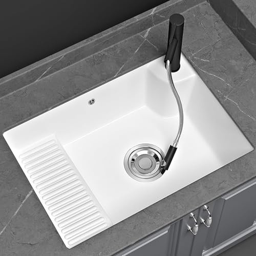 Fregadero Bajo Encimera Rectangulares, Lavamanos de Cerámica con Tabla de Lavar, Grifo y Rebosadero, Fregadero Multifuncional para Balcón o Baño, Fácil de Limpiar(60x48.5x20cm/23.6x19.1x8.7in)
