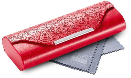 FEFI Brillenetui Hardcase - Edles Design in Relief-Leder-Optik mit Chrom-Applikation, robust und langlebig, inkl. hochwertigem Mikrofasertuch (rot)