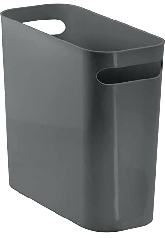 mDesign Bathroom Waste Bin – Slim Plastic Bin with Handles – Modern Rubbish Bin Ideal for The Bathroom, Bedroom or Office – Charcoal