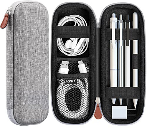 AGPTEK Apple Pencil Hülle, Premium Kunstleder Tasche Stiftschlaufe Stift Schutzhülle für Samsung, Huawei, Surface Pro Eingabestift mit integriertem Ablagefach und passend für USB Kabel, Grau
