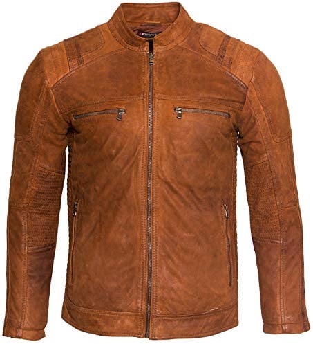 Men’s Casual Brown Tan Buff Leather Cafe Racer Biker Jacket