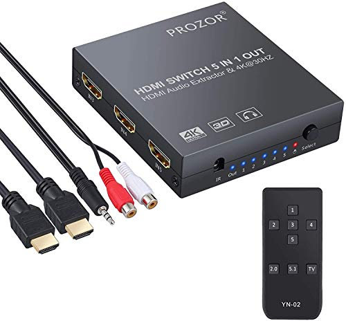 PROZOR 5x1 HDMI Switch con Estrattore Audio HDMI Switcher HDMI Convertitore Audio Include IR Telecomando 1M Cavo HDMI e Cavo Audio Stereo 3.5mm Maschio a 2 RCA Femmina Supporta 4K 3D