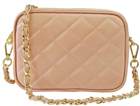Parubi, Borsa Donna a Tracolla, In Vera Pelle Trapuntata, Made in Italy, Modello Nora, Borsetta Matelassé Piccola con Catena Pochette a Tracolla Clutch Da Donna Ragazza Elegante, Rosa Cipria