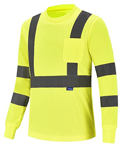 hi vis long sleeve t shirt Hi vis Work Reflective Safety Long Sleeve Polo t-Shirt EN20471 Class3 (L, Yellow)