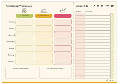 PICTALOO Kulinarischer Wochenplan, Menüplaner & Einkaufsliste in Din A4 mit 50 Blatt, der Essensplaner für die ganze Woche inkl. Platz für Ideen (retro magnetisch)