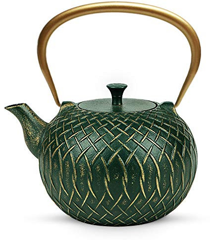 Toptier Japanese Cast Iron Teapot, 34 Oz / 1000 ml, Green, Stove Top Safe, With Infuser
