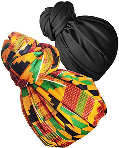 HIHIBEAUTY Stretch-Kopftuch, Schal, Kopfwickel für Damen, Turban, Wickeltuch, Stretch-Jersey, langer Turban-Kopf, Krawatte 1 oder 2, 19sd Schwarz 2601-2, Lange L