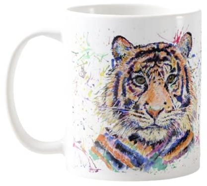 Vixar Tiger Watercolour Rainbow Art Coloured Mug Cup, Gift, Birthday, Work, Office, Christmas Tea Coffee (White)