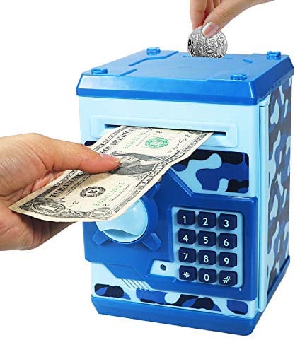 Saodom Mini bancomat salvadanaio miglior regalo per bambini, salvadanaio con codice elettronico salvadanaio cassetta di sicurezza salvadanaio per ragazzi ragazze serratura con password (Blu Mimetico)