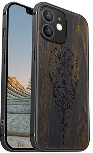 Carveit Magnetic Wood Case for iPhone 12 Mini - Hard Real Wood & Soft TPU Shockproof Protective Cover - Unique & Classy Wooden Case Compatible with MagSafe (Viking Compass Vegvisir-Blackwood)