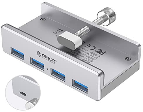 ORICO USB 3.0 Hub Clamp Adapter, Aluminum 4-Port Splitter with Extra Power Supply Port and 4.92 FT Data Cable, Ultra-Portable Expander for 2021 iMac/Laptop/PC