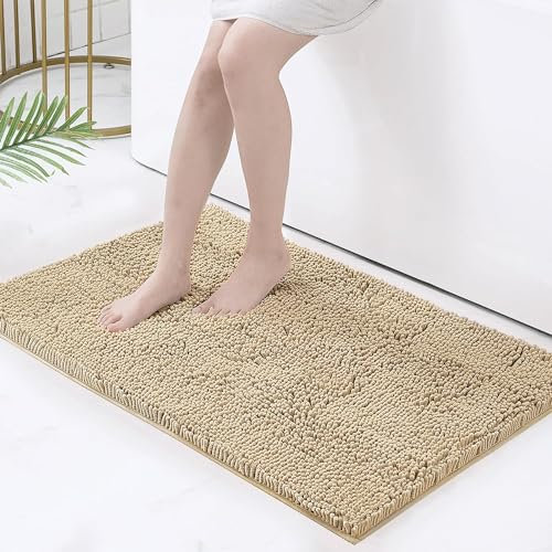 Homaxy Tapis de Bain Antiderapant,Tapis Salle de Bain en Microfibre Chenille Douce,Tapis de Bain Absorbant,Lavable en Machine - - 60 x 90 cm - Beige