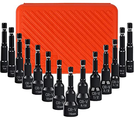 BRIMIX 15 pcs juego de llaves de vaso para taladro, imantado, para tuercas hexagonales, 6mm - 14 mm, puntas magnéticas para destornillador y taladro. Maleta organizador