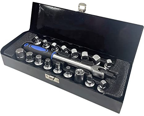Autojack 18 Piece Oil Drain Plug Key Socket Set 3/8 Drive Sump Keys M16 Heavy Duty Metal Case with Lockable Clasp, Chrome Vanadium Steel Cr-V, Comfort Grip Power Bar