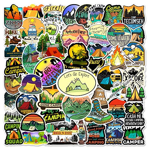 50pcs Outdoor Stickers Pack Adventure Hiking Canmping Wilderness Stickers for Water Bottles, Cars, Laptop, Bike, Waterproof Travel Cool Stickers, Nature Forest Decals for Adults Teens Camper