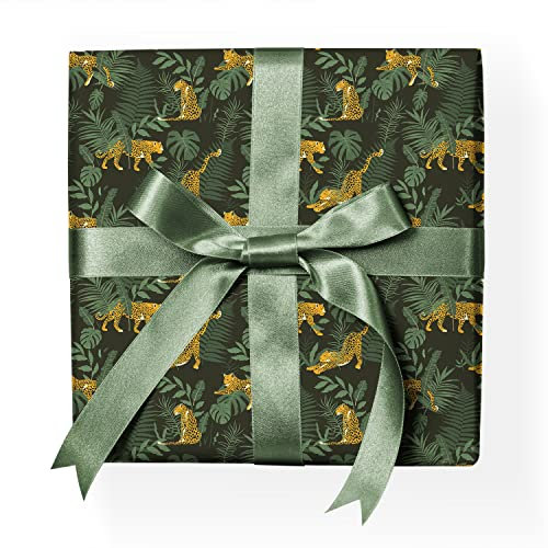 Tolles Geparden Geschenkpapier Set: Feines Wildlife Geschenkpapier mit Tropen Blättern und Jaguar Dekor-Muster-papier zum basteln, Einpacken von feinen Geschenken, Format: 32 x 48cm, 4 Bogen