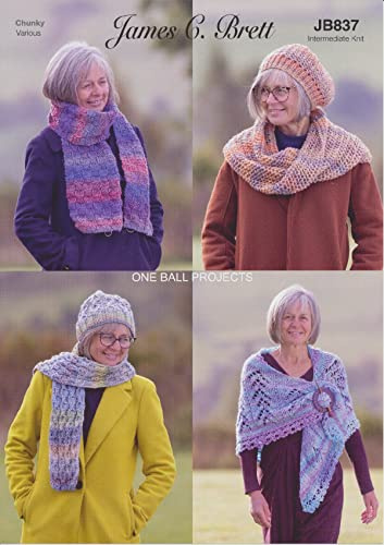 James Brett One Ball Projects Chunky Knitting Pattern Ladies Scarf Snood Shawl & Hat (JB837)