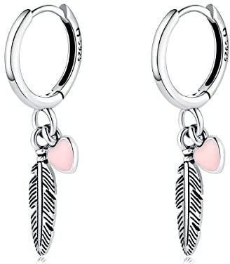 Silber Ohrringe für damen 925 mit einer Feder und einem Mini-Herz. Creolen aus Silber 925 für Damen oder 18K Gold, ideal als Geschenk zum Muttertag... Ohrringe mädchen. Schmuck damen (Versilberung)