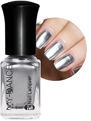 Silver Nail Polish, Metallic Nail Polish, 6ML Mirror Chrome Nail Varnish, Metal Effect Nail Art Polish, Super Shine Silver Gloss Nail Paint - 60S Quick Dry & Long Lasting Nail Gel At Home Manicure