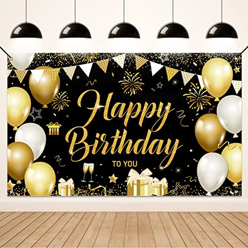 Koliphy Geburtstag Deko Banner, Happy Birthday Banner Schwarz Gold Geburtstagsdeko für Männ Frau, Stoff Geburtstagsbanner Dekoration Drinnen und Draußen