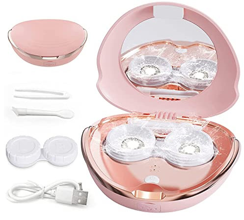Ultrasonic Contact Lens Cleaning Machine,2 Modes High Frequency Vibration 360° Cleaning Portable Automatic Cleaner with Cosmetic Mirror (Pink)