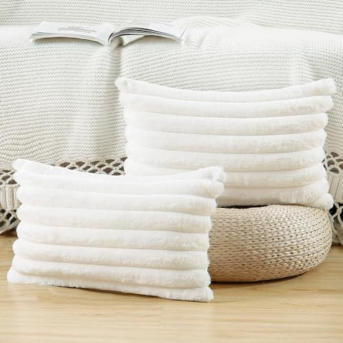 Madizz 2er Set Kunstpelz Plüsch Dekorative Kissenbezüge Flauschig Gestreifte Weich Dekorative Kissenbezug für Sofa Schlafzimmer Kissen Shell Creme Weiß 40 x 80 cm
