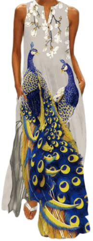 Ocean Plus Damen Langer Rock Vintage Druck Kleid mit V-Ausschnitt Ärmellose Tasche Sommerkleid (L, EIN Paar Pfauen)