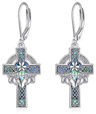 YFN Keltische Kreuz Ohrringe Sterling Silber - Claddagh Abalone Baumeln Tropfen Hängend Religion Schmuck Christen Geschenke für Damen Herren