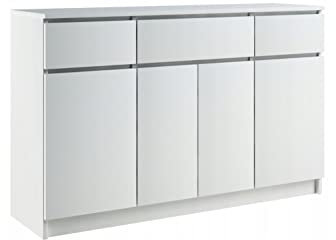 VBChome Kommode mit 3 Schubladen und 4 Türen 140 x 40 x 97 cm Weiß Matt Grifflose Schubladenkommode Mehrzweckschrank für Flur Schlafzimmer Wohnzimmer Modern Weiß Matt
