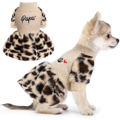 Leopard Dog Sweaters Dresses for Small Dogs Girl Winter Fleece Pet Dress Puppy Clothes for Chihuahua Sweater Pet Cat Clothes for Teacup Leopard Outfit (XXS, Leopard Beige)