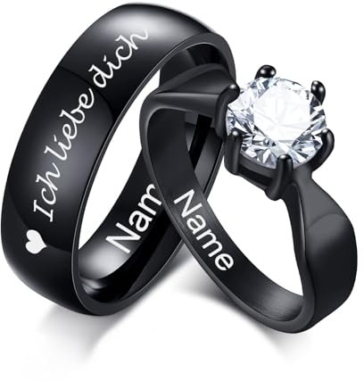 Personalisierte Paar Ringe mit Gravur - Edelstahl Cubic Zirkonia Hochzeitsring Promise Ring, Kundenspezifischer Name Ring Partnerringe Eheringe Freundschaftsringe für Damen Herren (C - Schwarz)