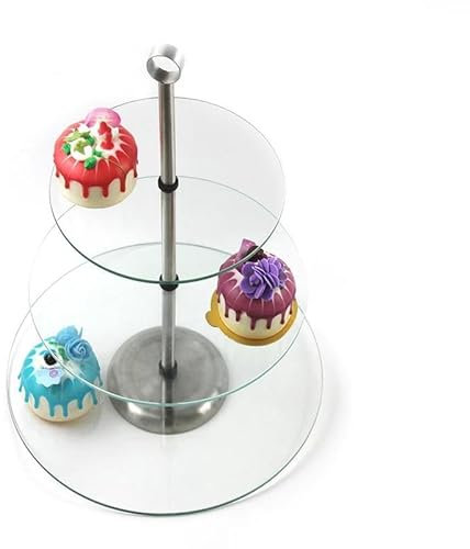 Royal Cuisine 3 Tier Glass Cake Stand with stainless Steel Carry Handle Afternoon Tea Serving Platter Fruit Sweets Candy Pastry Tray Chocolate Cookies Display Tower Food Server for Birthday Party