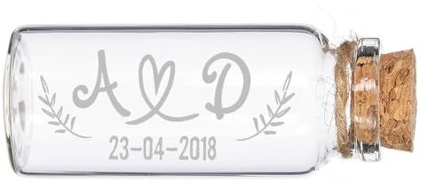 Wanapix | Detalle para Invitados de Boda | Botella Deseos Personalizada | Mini Botella para Mensaje | Cristal Grabado | Marcasitios, Regalo Original | 3ø x 7,2 cm| Love