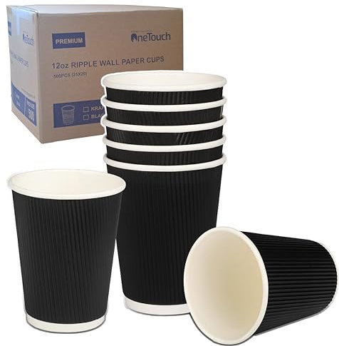 A406 500 Black Disposable 12oz Coffee Cups Ripple 3 Ply Disposable Insulated Paper Cups for Tea Coffee Cappuccino Hot Drinks Cold Drinks (Without Lid)