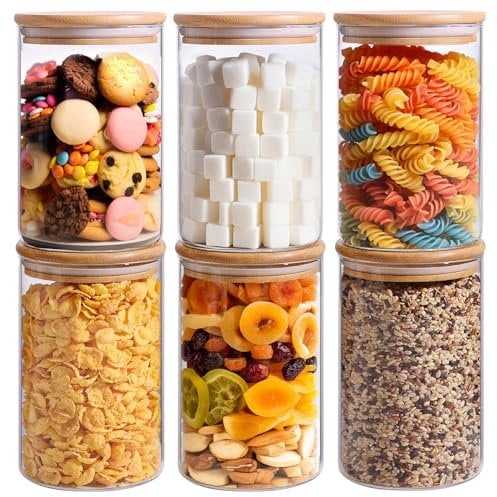 ComSaf 950ml Glass Storage Containers with Lids, Glass Jars with Bamboo Lids, Clear Food Storage Jar, Round Glass Canister Set of 6, Pantry Organizers and Storage for Pasta Flour Rice Tea Coffee Bean