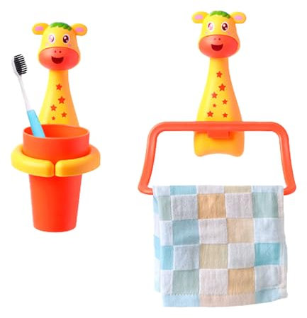 Jauhmui Zahnputzbecher Handtuchhalter Set für Kinder, Cartoon Tiere Zahnbürstenhalter, Zahnbürstenhalter ohne Bohren,Reinigungsmittel Für Babys (Giraffe)