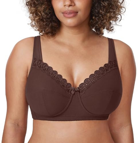 DELIMIRA Donna Reggiseno in Pizzo Senza Ferretto Cotone Taglie Forti Coppa Piena ad Sostegno Taupe 5E