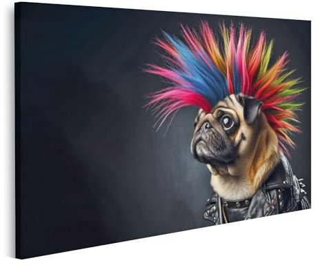 islandburner Bild auf Leinwand Mops Hund Gekrönt Als Punk Hell Irokesen Einfarbig Dunkel Bilder Wandbilder Poster
