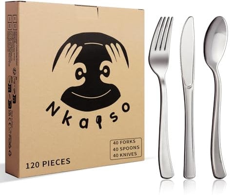 Nkaiso 120 Pièces Argent Couverts Réutilisables, 40 Fourchettes, Cuillères & Couteaux, Réutilisables Vaisselle Parfaits pour les Fêtes d'Anniversaire, les Barbecues, les Mariages et le Camping