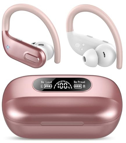 Cuffie Bluetooth Sport,Auricolari Bluetooth 5.3 con Chiamata ENC HD,Basso Profondo,Cuffie Bluetooth Doppio Display LED, IP7 Impermeabili,80 Ore Cuffie Wireless Fitness/Corsa,Rosso Rosato