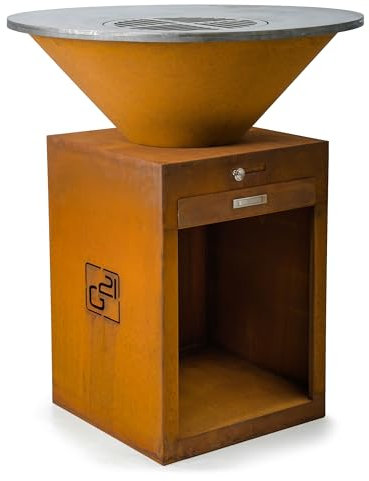 Grill G21 Oregon Corten, aus Cortenstahl, 2 Grillrosten, Durchmesser der Kochfläche: 85 cm, Höhe: 100,5 cm, Ablagefläche für Holz, Grillabdeckung, Zubehör
