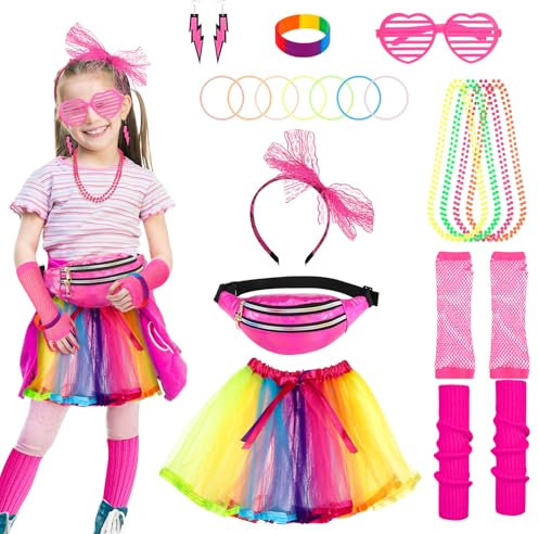 GSrenyu 80s Fancy Dress Costume for Kids Toddlers,26Pcs 1980s Costume Accessories Set Tutu Skirt Leg Warmers Fishnet Gloves Necklace Bracelets Lace Bow Headband Earrings Glasses