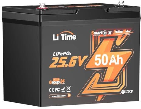 LiTime 24V 50Ah TM Lithium Batterie mit Bluetooth für Marine Trolling Motor, Niedertemperatur Schutz, Überspannungsschutz, 15000 Zyklen, 50A BMS