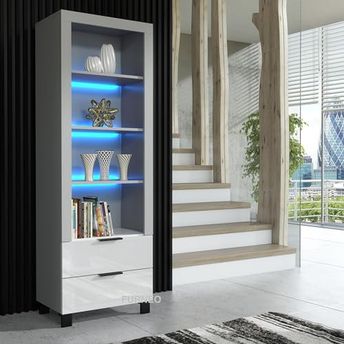 Furneo Enzo 18 – Modern Living Room Furniture Set, TV Stand, Display Cabinet, Sideboard & Coffee Table, Grey and White High Gloss & Matt Finish with LED Lights