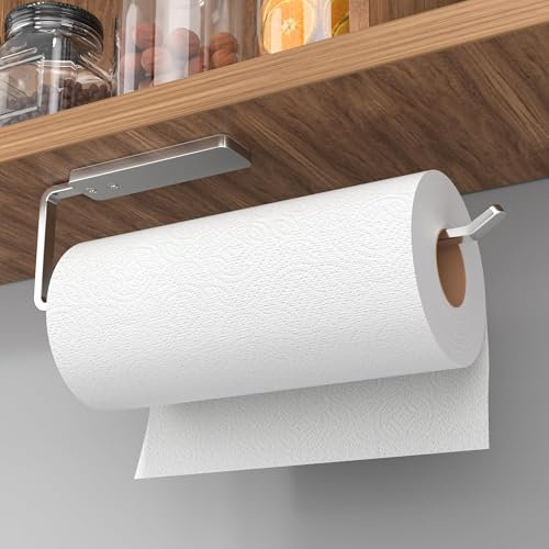 Paper Towel Holder Under Cabinet - Wall Mounted Paper Towel Holder No Drilling, Adhesive Under Cabinet Paper Roll Holder, Silver Kitchen Towel Holder, 31 x 8 x 3.5 cm, Aluminum, Silver
